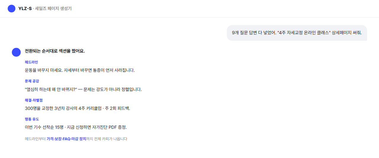 9문항 답변을 전환형 세일즈 페이지 카피로 완성해주는 YLZ-S 대화 화면