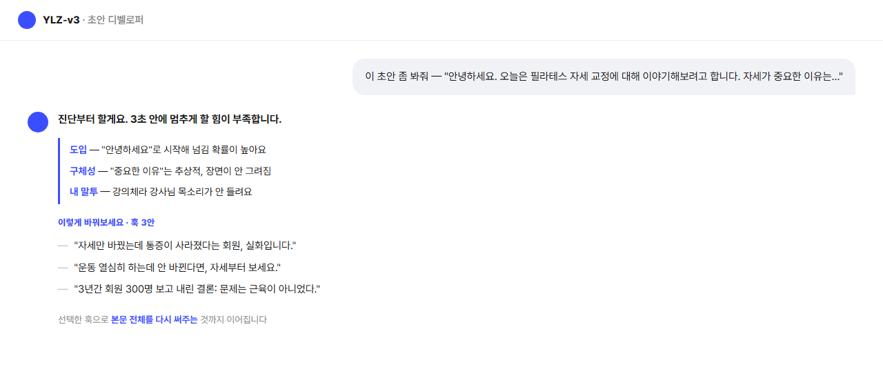 초안을 진단하고 내 말투로 다듬어주는 YLZ-v3 대화 화면